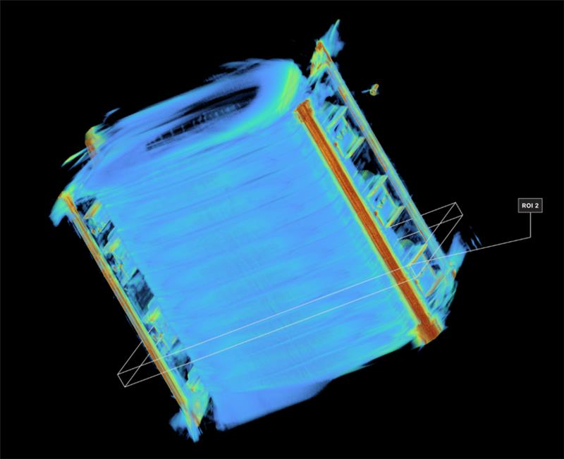 False-color thermal scan of a B2U cell module, heat gradient under load
